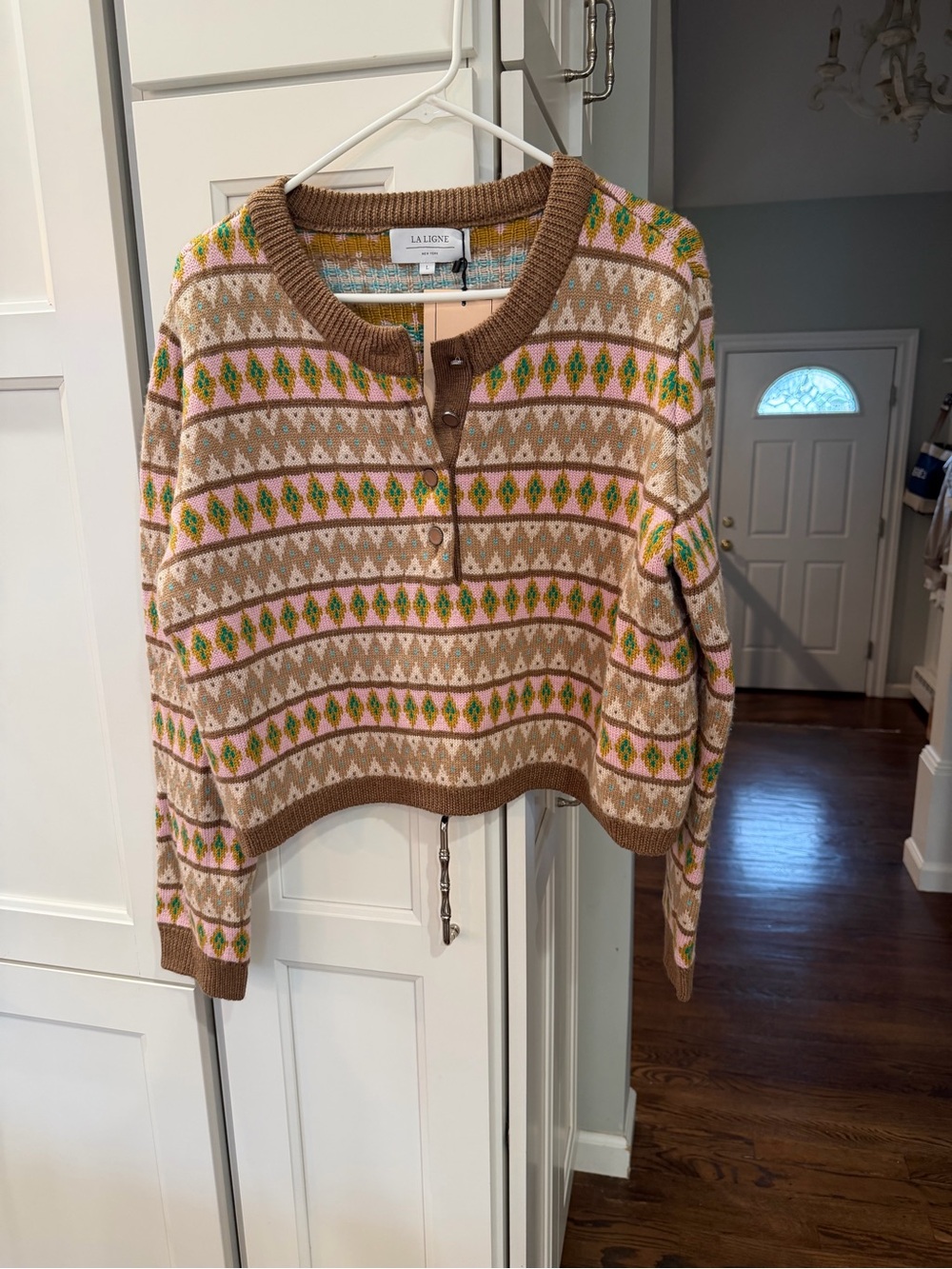 La Ligne Pink, Brown & Green Patterned Crewneck Sweater